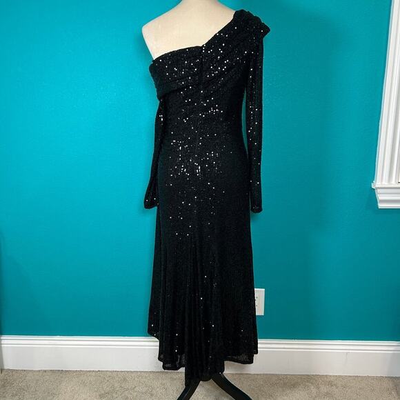 NWT Leena For Mac Duggal Black Sequin One-Shoulder Long Sleeve Midi Dress Size 4 - Picture 4 of 7
